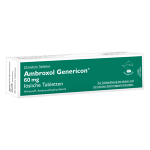 Packung mit 20 löslichen Tabletten Ambroxol Genericon 60 mg zur Schleimlösung bei Atemwegserkrankungen.