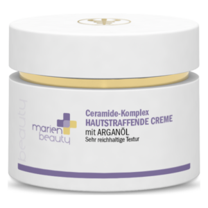 Tiegel der hautstraffenden Creme mit Ceramide-Komplex und Arganöl, weiß mit goldenem Deckel.