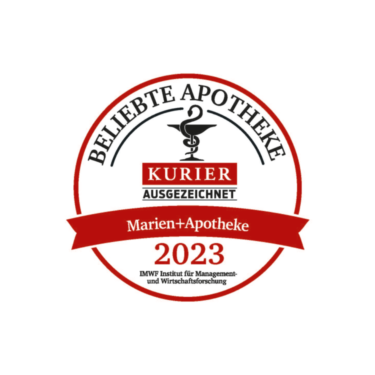 Auszeichnungssiegel "Beliebte Apotheke 2023" für die Marien-Apotheke, hervorgehoben durch caduceus-Symbol.