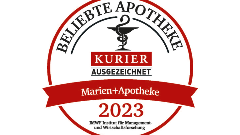 Auszeichnungssiegel "Beliebte Apotheke 2023" für die Marien-Apotheke, hervorgehoben durch caduceus-Symbol.