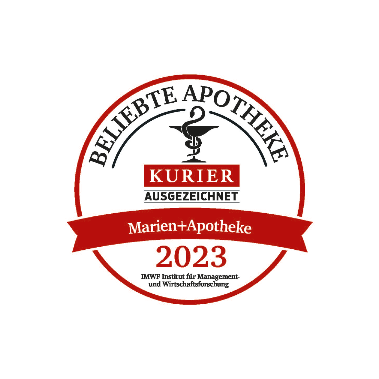 Guetesiegel-Apotheke_marien_apotheke_2023.png Auszeichnungssiegel "Beliebte Apotheke 2023" für die Marien-Apotheke, hervorgehoben durch caduceus-Symbol.