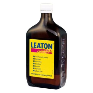 Braune Flasche mit einem gelben Etikett, auf dem "LEATON complete" steht, enthält Vitamine und Ginkgo.