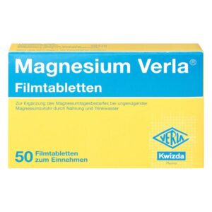 Paket Magnesium Verla Filmtabletten mit gelber Verpackung und blauer Aufschrift zur Magnesiumergänzung.