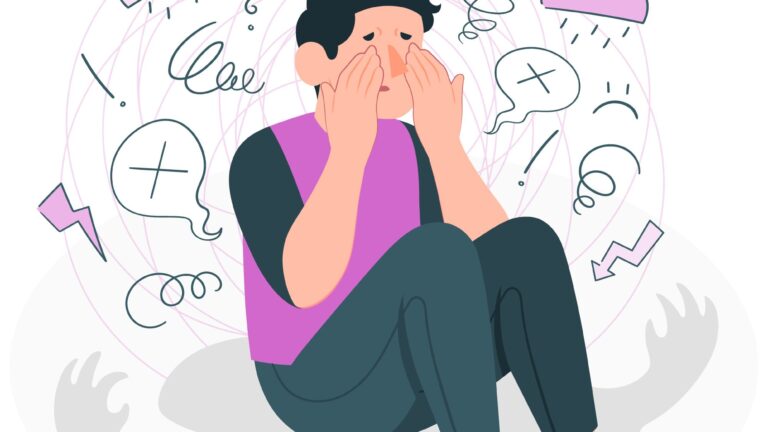 Eine Person sitzt mit gesenktem Kopf und Händen im Gesicht, umgeben von wirren Gedanken und Symbolen von Stress.