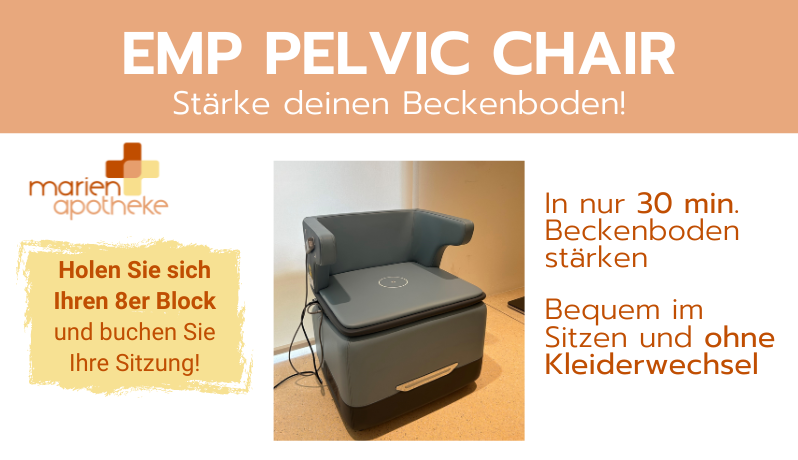 Pelciv_Chair_gross.png Ein grauer Beckenbodenstuhl mit Armlehnen in einer Apotheke, umgeben von Informationen zur Buchung von Sitzungen.