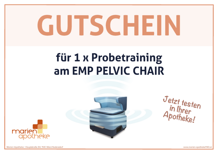 Gutschein für ein Probetraining am EMP Pelvic Chair, abgebildet auf einem weißen Hintergrund.