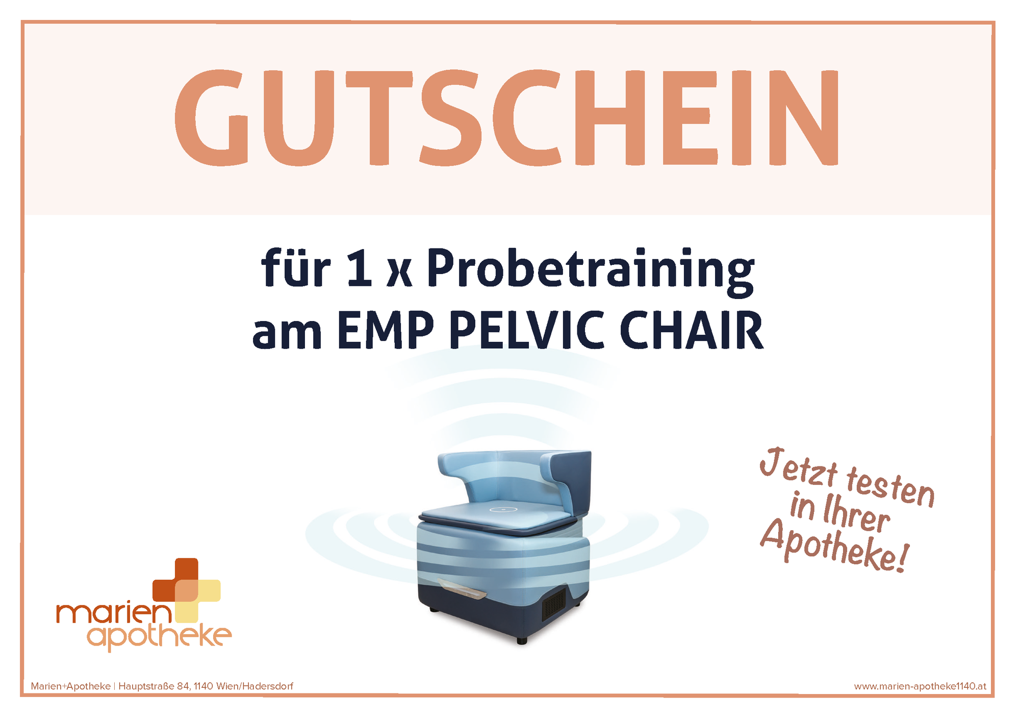 Gutschein für ein Probetraining am EMP Pelvic Chair, abgebildet auf einem weißen Hintergrund.
