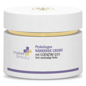 Weißes Cremetöpfchen mit goldenem Deckel, beschriftet mit "Prokollagen NÄHRENDE CREME mit COENZYM Q10".
