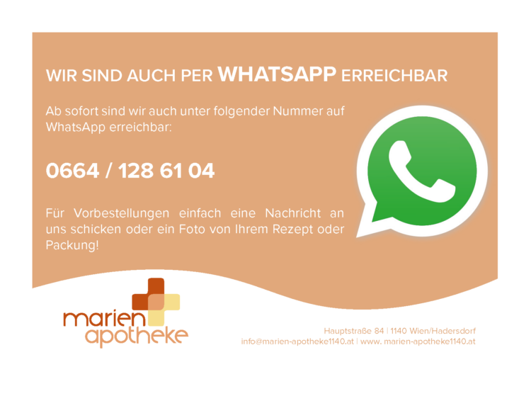 Anzeige der Marienapotheke über WhatsApp-Erreichbarkeit mit Kontaktinformationen und Hinweis zu Rezeptfotos.
