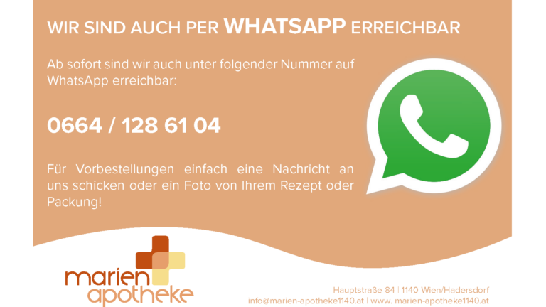 Anzeige der Marienapotheke über WhatsApp-Erreichbarkeit mit Kontaktinformationen und Hinweis zu Rezeptfotos.