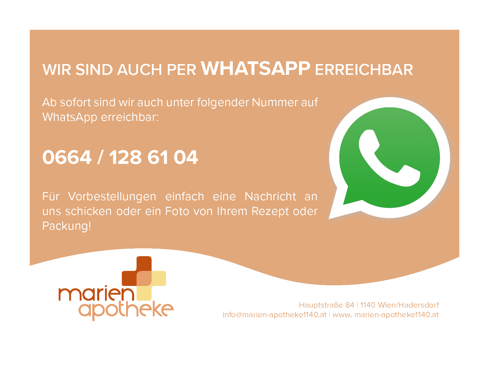 flyer-whatsapp.png Anzeige der Marienapotheke über WhatsApp-Erreichbarkeit mit Kontaktinformationen und Hinweis zu Rezeptfotos.