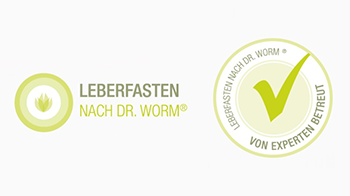 Logo von 'Leberfasten nach Dr. Worm' mit einem Pflanzensymbol und einem Experten-Siegel.