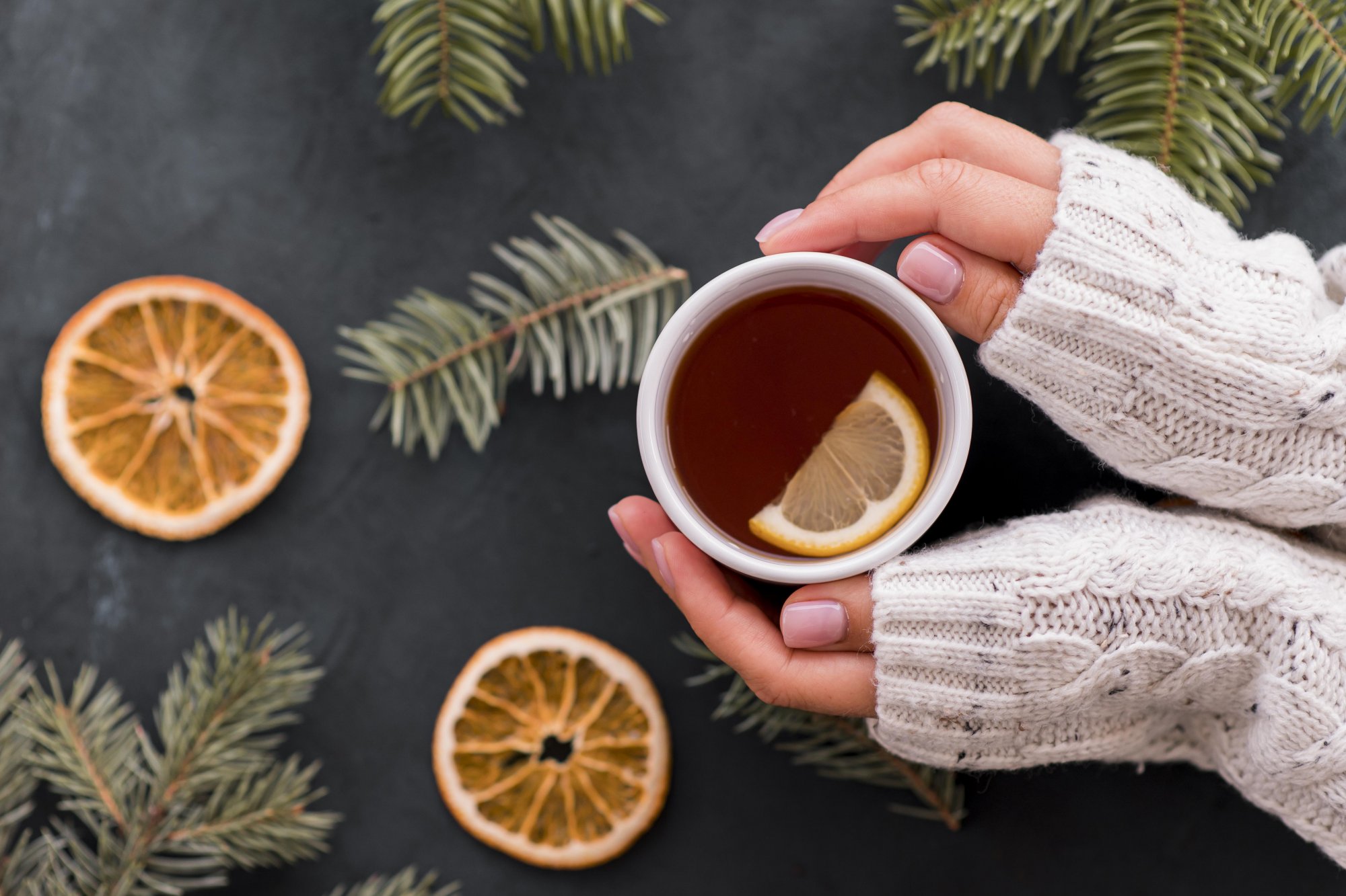 pflanzenpower_im_teebeutel.jpg Eine Person hält eine Tasse mit Tee und einer Zitronenscheibe, umgeben von trockenen Orangenscheiben und Tannenzweigen.