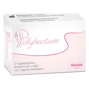Weißer Karton mit pinken Akzenten, der Polybactum vaginalen Zäpfchen darstellt, schützt vor vaginalen Infektionen.