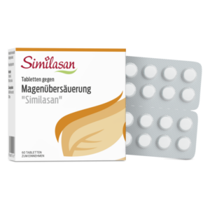 Packung mit Similasan Tabletten zur Behandlung von Magenübersäuerung, mit Blisterpackung sichtbar daneben.