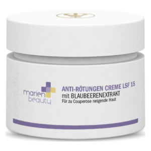 Weißes Tiegelgefäß mit Anti-Rötungen Creme LSF 15, enthält Blaubeerenextrakt für empfindliche Haut.