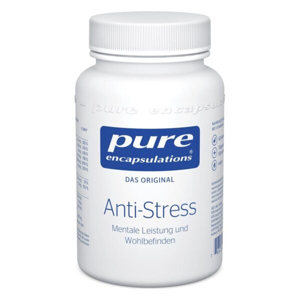Weißer Flasche mit Schraubverschluss, beschriftet mit "Anti-Stress" und Infos zu mentaler Leistung und Wohlbefinden.