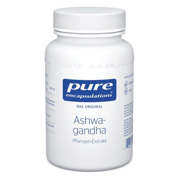 Weißer Kunststoffbehälter mit Schraubverschluss, gekennzeichnet mit 'Ashwagandha', Pflanzen-Extrakt von pure encapsulations.