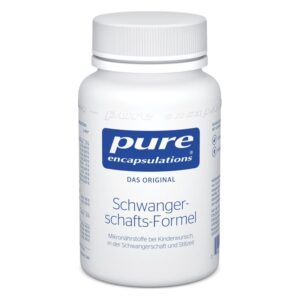 Weißes Fläschchen mit Schraubverschluss, beschriftet mit "pure encapsulations Schwanger-schafts-Formel".