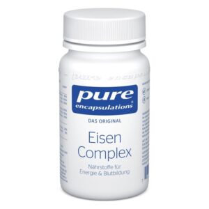 Weißer Kunststoffbehälter mit blauer Beschriftung, enthält Eisen Complex für Energie und Blutbildung.