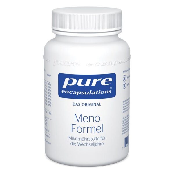 Weißer Kunststoffbehälter mit Schraubverschluss, beschriftet mit 'Meno Formel' von pure encapsulations.
