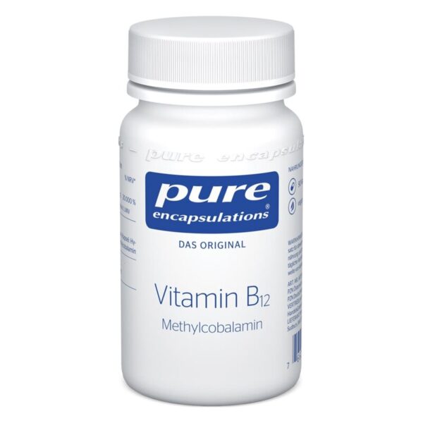 Weißer Kunststoffbehälter mit Schraubverschluss, beschriftet mit Vitamin B12 und Methylcobalamin.