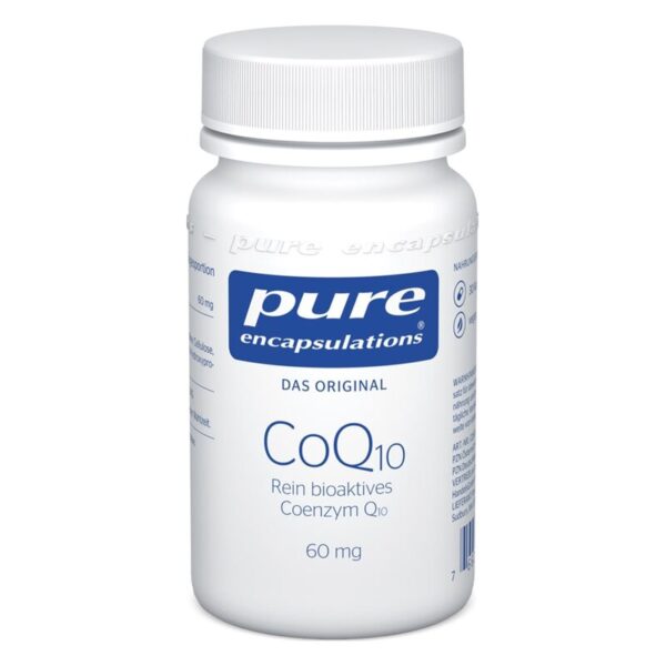 Weißes Fläschchen mit blauer Aufschrift, enthält Coenzym Q10, 60 mg, von Pure Encapsulations.