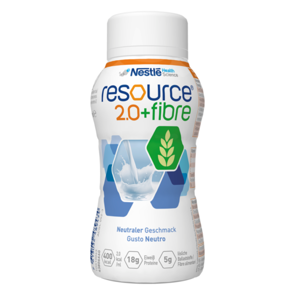 Flasche mit nährstoffreicher Flüssigkeit, neutralem Geschmack und der Aufschrift „resource 2.0+fibre“ von Nestlé.