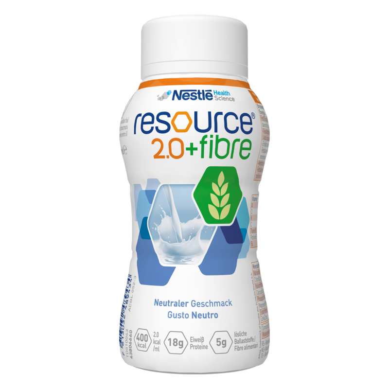 Flasche mit nährstoffreicher Flüssigkeit, neutralem Geschmack und der Aufschrift „resource 2.0+fibre“ von Nestlé.