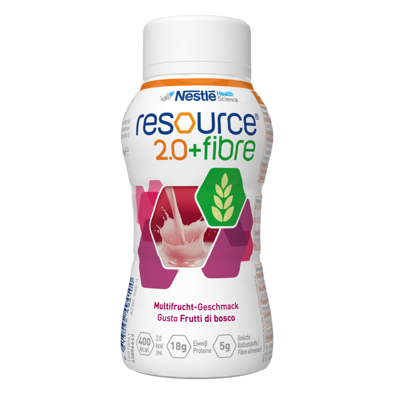Flasche mit Nährstoffdrink, Geschmacksrichtung Multifrucht, mit einer Mischung aus Vitaminen und Ballaststoffen.
