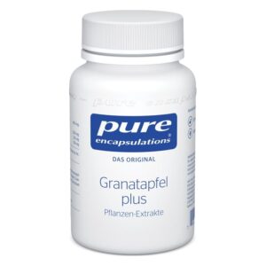 Weißer Kunststoffbehälter mit Deckel, enthält Granatapfel plus Pflanzen-Extrakte, Markenname pure encapsulations.