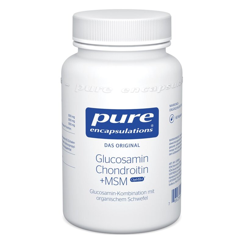 Weißer Kunststoffbehälter mit Schraubverschluss, beschriftet mit "pure encapulations Glucosamin Chondroitin + MSM".