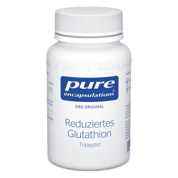 Weißer Flakon mit Deckel, beschriftet mit 'reduziertes Glutathion' und 'pure encapsulations'.