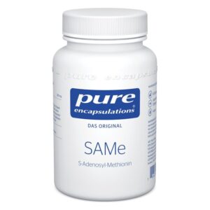 Weißer Kunststoffbehälter mit Schraubverschluss, Beschriftung mit "pure encapuslations", enthält S-Adenosyl-Methionin.