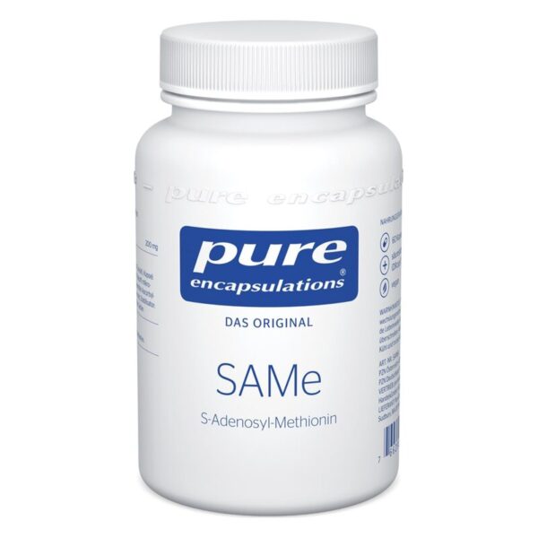 Weißer Kunststoffbehälter mit Schraubverschluss, Beschriftung mit "pure encapuslations", enthält S-Adenosyl-Methionin.