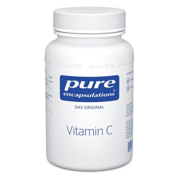 Weißer Kunststoffbehälter mit Vitamin C von Pure Encapsulations und blauem Etikett.