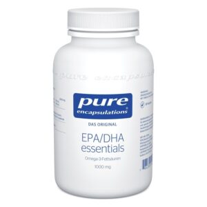 Weißer Behälter mit blauer Aufschrift für Omega-3-Fettsäuren, bezeichnet als EPA/DHA essentials von pure encapsulations.