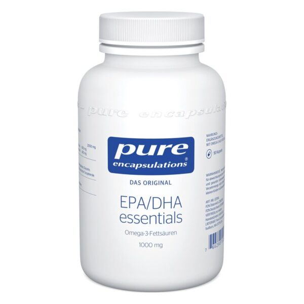 Weißer Behälter mit blauer Aufschrift für Omega-3-Fettsäuren, bezeichnet als EPA/DHA essentials von pure encapsulations.