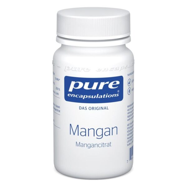Weißes Fläschchen mit Schraubverschluss und blauer Schrift, enthält Mangancitrat von Pure Encapsulations.