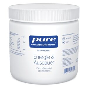 Weißer Container mit blauem Deckel, der ein Carbo-Elektrolyt Sportgetränk namens 'Energie & Ausdauer' von Pure Encapsulations enthält.