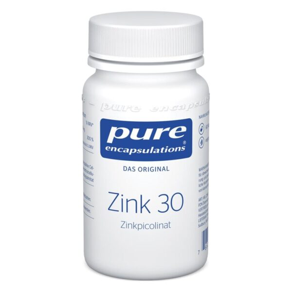Weiße Kunststoffflasche mit blauem Etikett, enthält Zinkpicolinat von Pure Encapsulations, Originalprodukt.