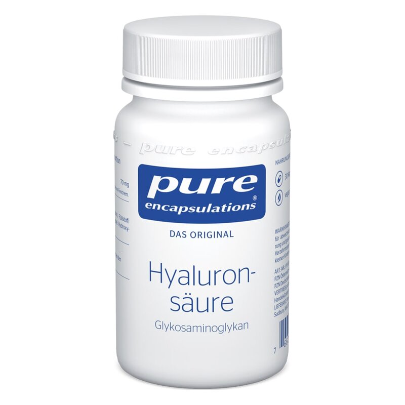 Weißer Behälter mit blauer Schrift, enthält Hyaluronsäure von Pure Encapsulations, Schraubdeckel.