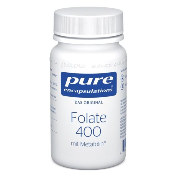 Weißes Fläschchen mit blauem Etikett, das Folat 400 mit Metafolin enthält, von der Marke Pure Encapsulations.