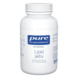 Weißes Flaschenetikett von "pure encapsulations" mit der Aufschrift "Lipid aktiv" für Cholesterin und Phytosterine.