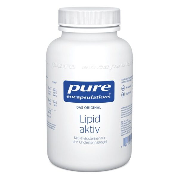 Weißes Flaschenetikett von "pure encapsulations" mit der Aufschrift "Lipid aktiv" für Cholesterin und Phytosterine.