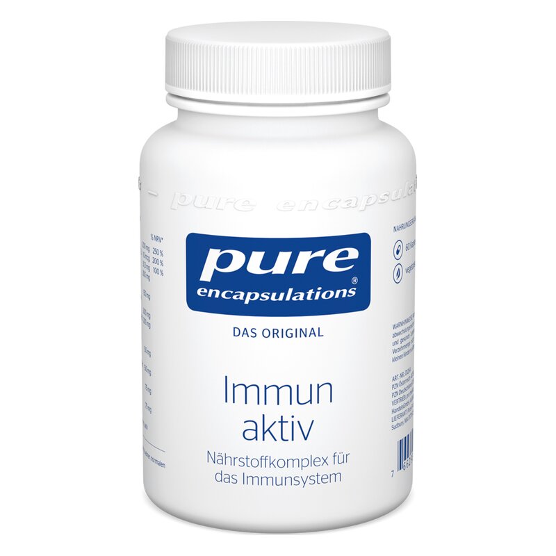 Weißer Kunststoffbehälter mit einem Schraubverschluss, beschriftet mit "Immun aktiv", enthält Nährstoffkomplex für das Immunsystem.