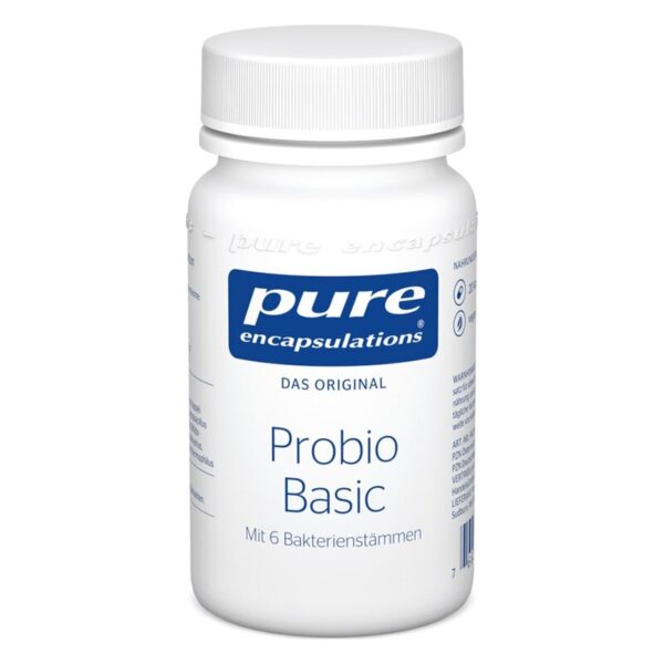 Flasche mit Nahrungsergänzungsmittel Probio Basic von Pure Encapsulations, verpackt in einem weißen Kunststoffbehälter mit blauer Beschriftung.