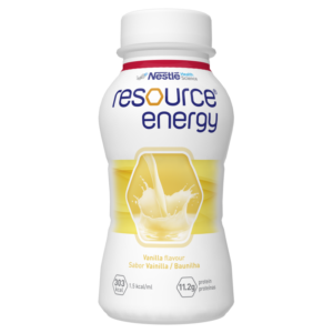 Flasche mit Vanillegeschmack von resource energy, mit einem flüssigen, hellen Inhalt und einem leicht geschwungenen Design.