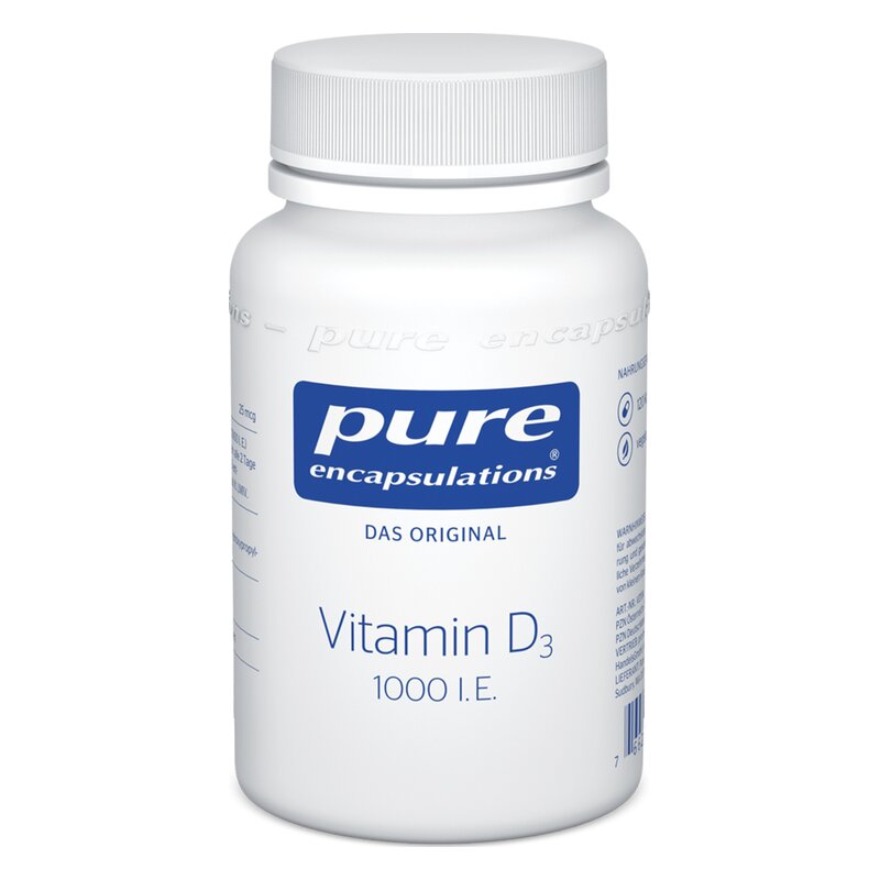 Weißes Fläschchen mit blauem Etikett, auf dem "Vitamin D3 1000 I.E." steht.