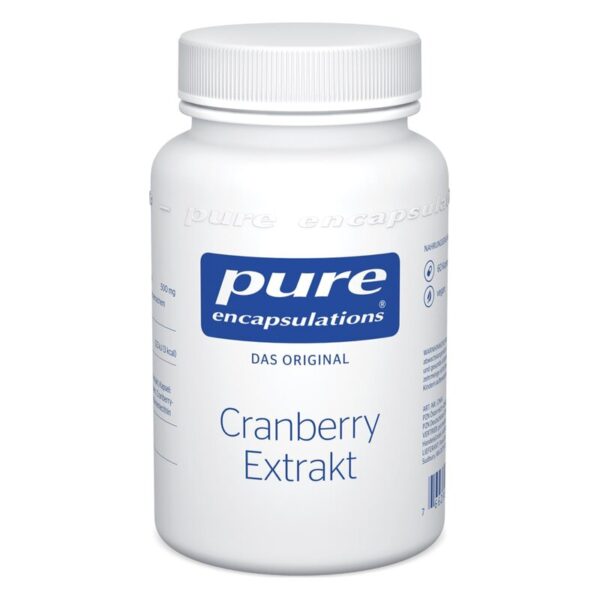 Weißer Behälter mit einem blauen Etikett, beschriftet mit "Cranberry Extrakt" und der Marke "pure encapsulations".
